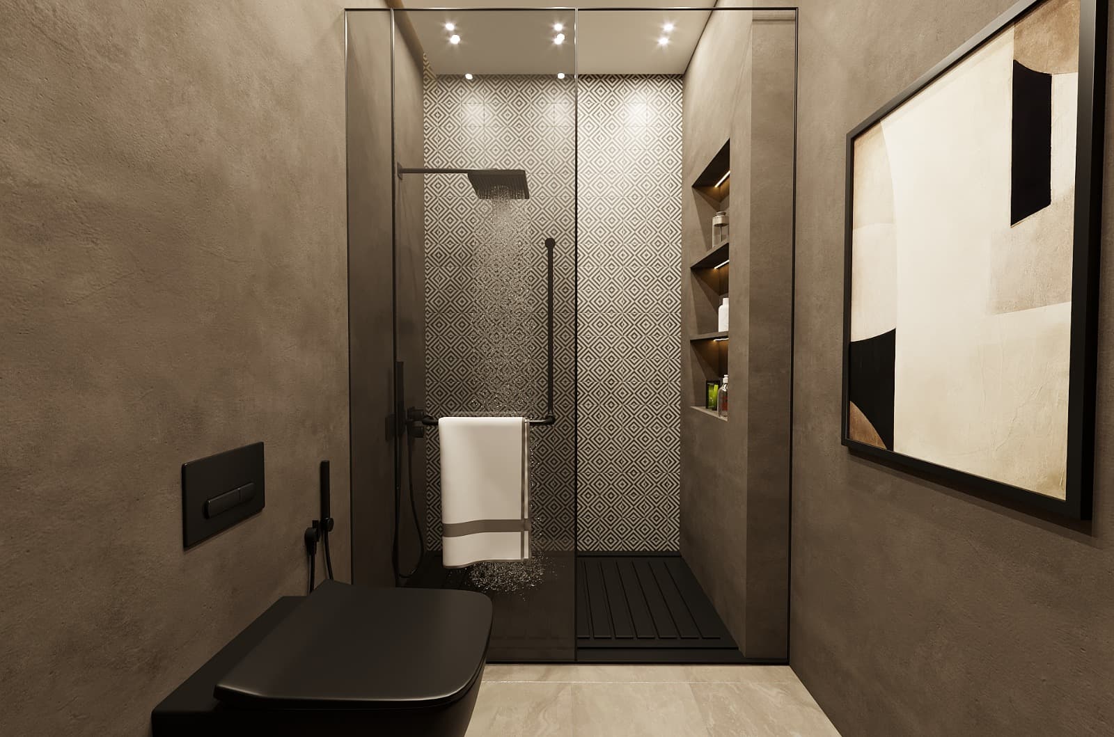 Salle de bain en microciment avec sanitaires noirs